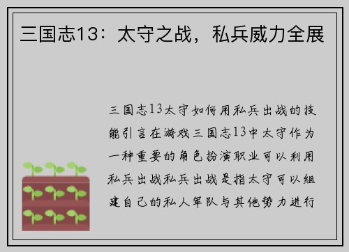三国志13：太守之战，私兵威力全展